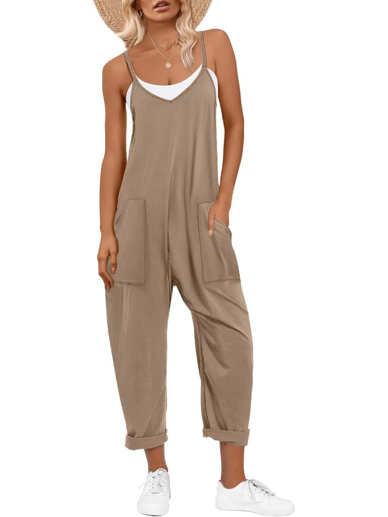 Women's Light Brown Casual Summer Sleeveless Spaghetti Strap Trendy Rompers